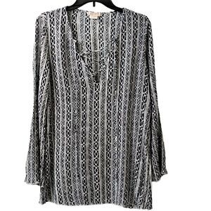 The Hanger Women Navy White Print Crinkle Long Flared Sleeve Lace-Up Tunic Small
